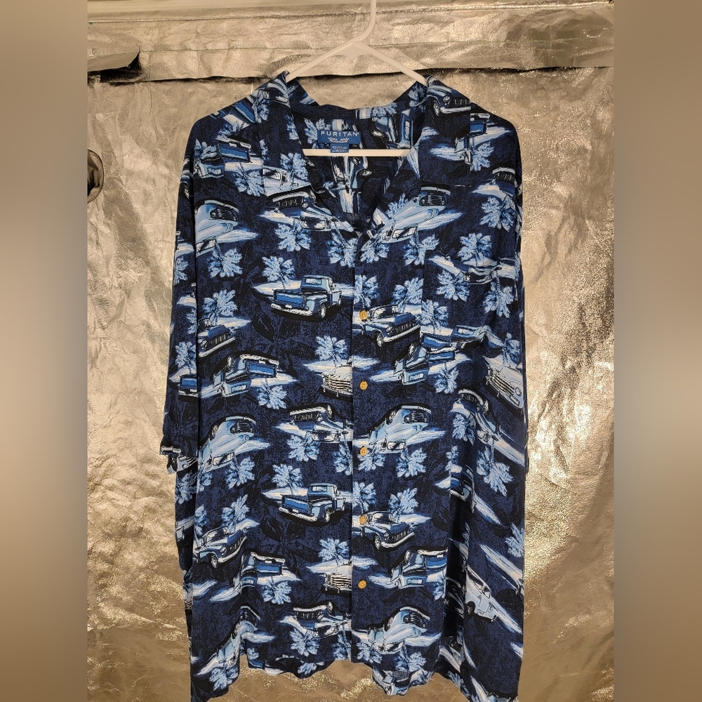 Puritan Mens Blue Car Truck Hawaiian short sleeve 3XL